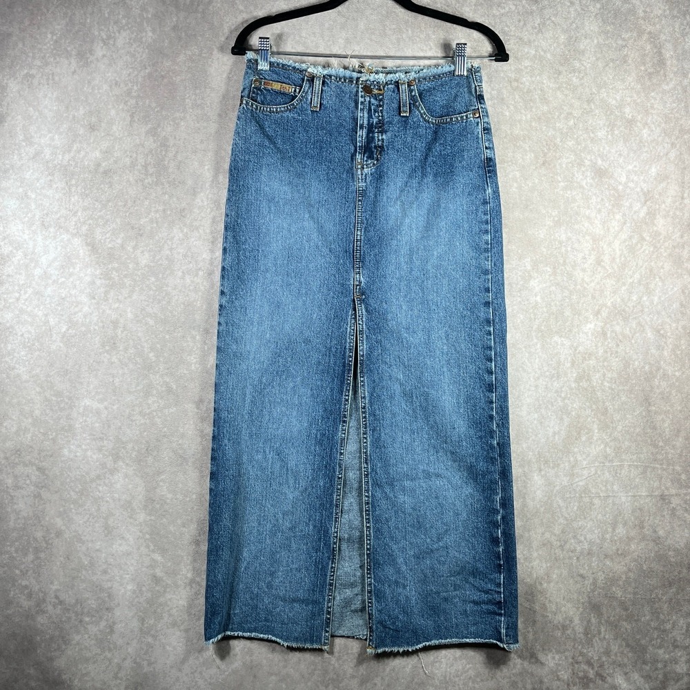 Vintage Lei Maxi Skirt Women Size 1 Juniors Blue Denim Front Slit Frayed Hem Y2K